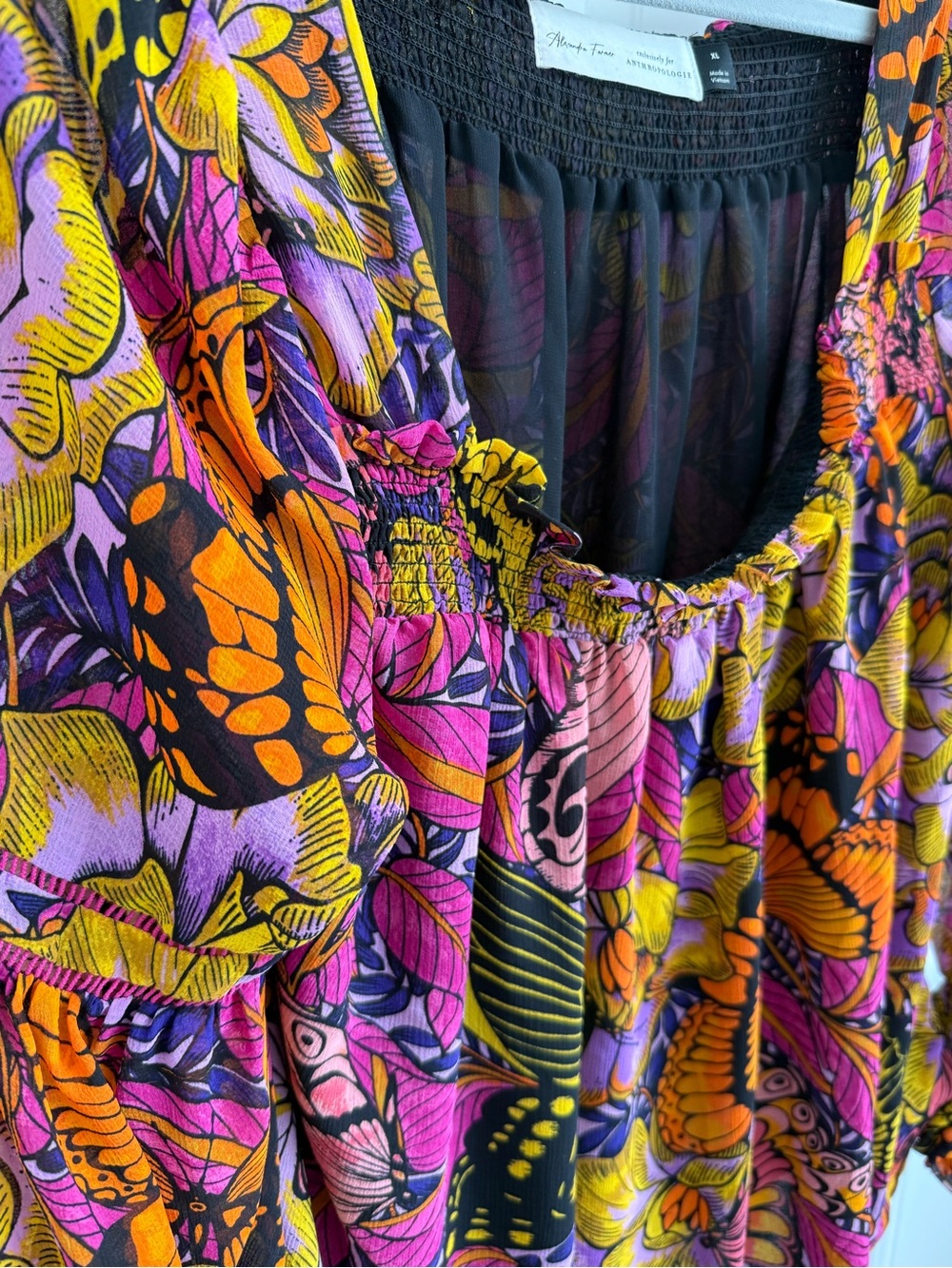 Anthropologie Vibrant Floral & Butterfly Blouse in Pink, Orange, Yellow - Picture 2 of 2